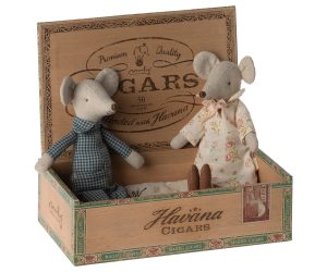 בובות עכברים של סבתא וסבא בקופסת סיגרים